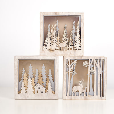 Caja Luminosa Navideña de Madera con Adornos Decorativos