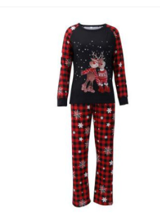 Black long-sleeve Christmas pajama top with reindeer graphic and red buffalo plaid sleeves, matching pants. - Image 6