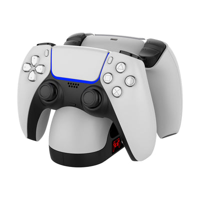 White and black dual charging dock for PS5 gamepads with contact-type charging and illuminated controller icons. - Image 2