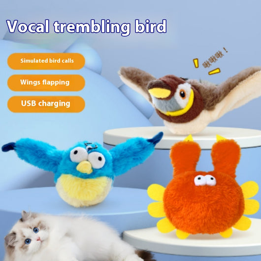 Brown plush bird pet toy with a hook for hanging, featuring a realistic design and bite-resistant material.