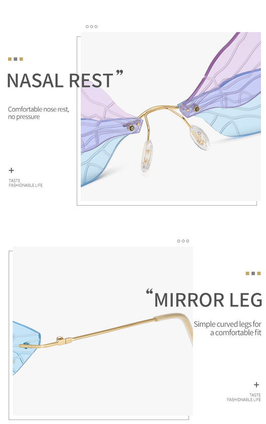 Light green rimless butterfly sunglasses with gold metal frames, featuring a unique veined lens design. - Image 18