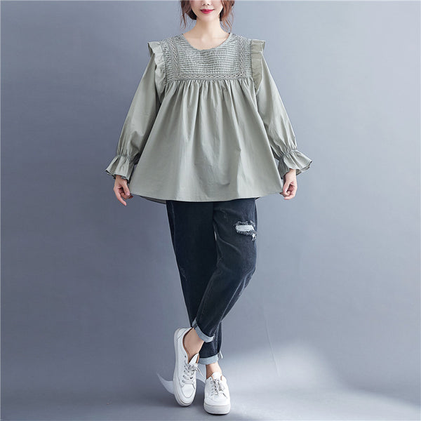 Blusa Suelta de Manga Larga con Encaje y Volantes - Image 3