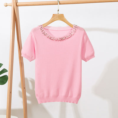 Blusa Suelta de Cuello Redondo con Cuentas en Colores Sólidos - Image 4