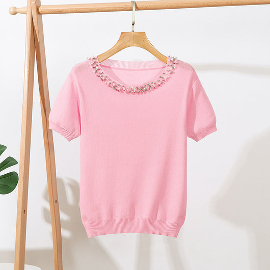 Blusa Suelta de Cuello Redondo con Cuentas en Colores Sólidos - Image 4