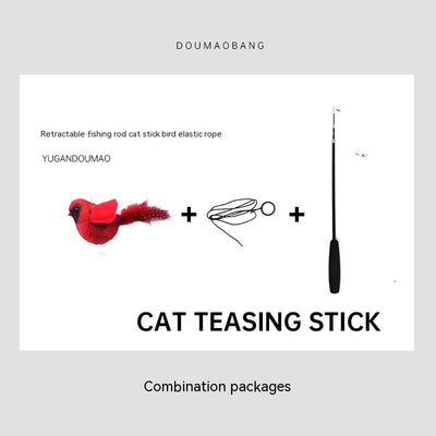 Red plush bird cat toy on a long steel wire stick with an elastic rope, designed for interactive pet play. - Image 19