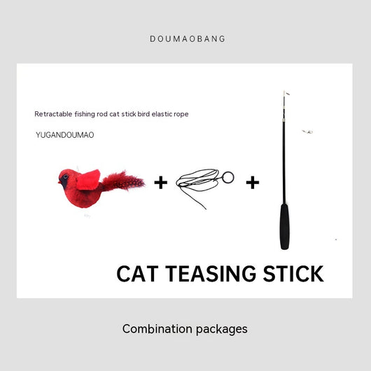 Red plush bird cat toy on a long steel wire stick with an elastic rope, designed for interactive pet play. - Image 19