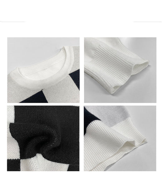 Suéter Retro a Cuadros Blanco y Negro Cuello Redondo para Mujer - Image 4