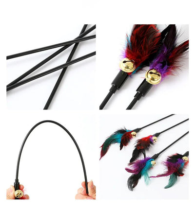 Three cat teaser wands with black sticks, colorful feathers in purple, red, and teal, and small gold bells. - Image 8