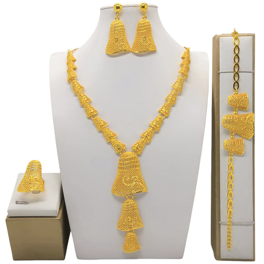 24k gold-plated jewelry set with bell-shaped, textured necklace, bracelet, dangle earrings, and ring on white displays.