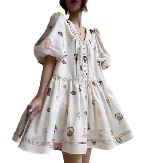 Vestido Retro Francés con Encaje y Mangas Abullonadas para Mujer - Image 3