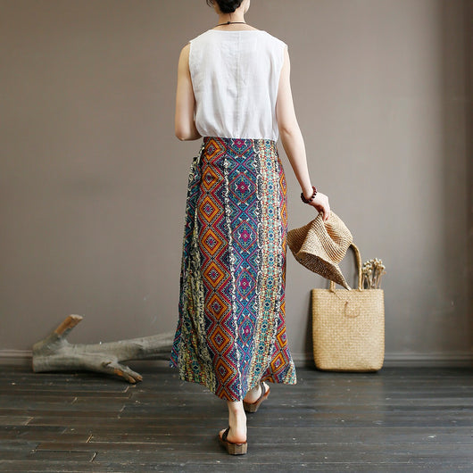 Falda Larga de Lino y Algodón con Estampado Retro - Corte A Irregular Talla Grande - Image 8