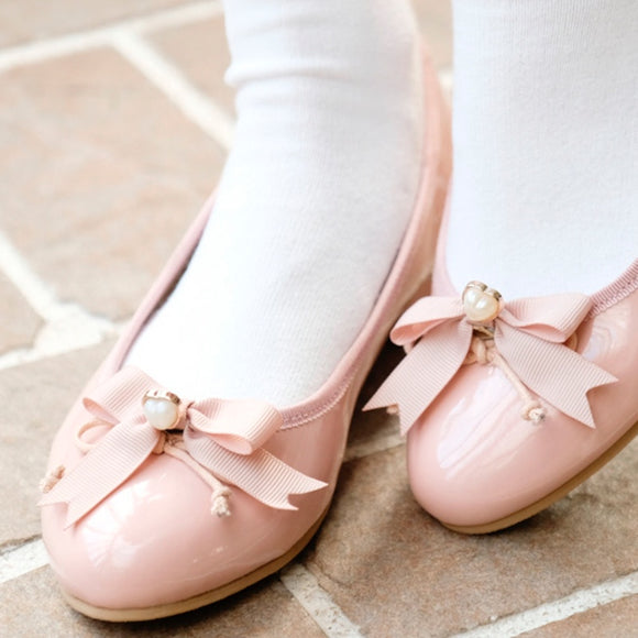 Zapatos Planos de Cuero con Moño de Perla y Punta Redonda