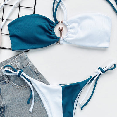 Fashion Women's Split Halter Stitching Bikini in teal and white ribbed fabric with a gold O-ring detail. - Image 9