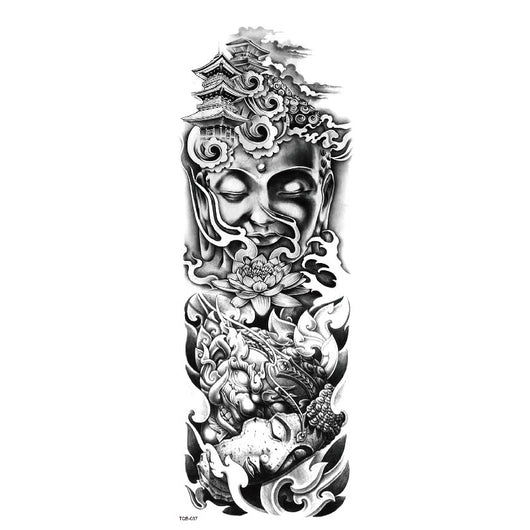 Full arm temporary tattoo sticker with a black, red, and light blue tribal design, featuring abstract shapes and patterns. - Image 42