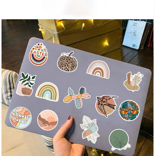 A large collection of bohemian-style stickers featuring rainbows, flowers, animals, and inspirational quotes like "be a kind human" and "choose happy." - Image 7