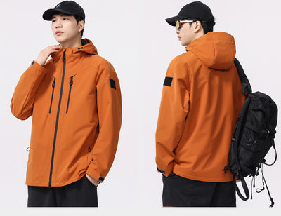 Man wearing a black windproof and waterproof outdoor jacket with a hood, sports sunglasses, and a bucket hat, holding a trekking pole. - Image 13