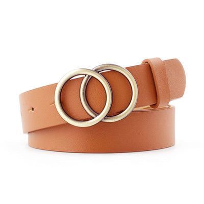 Camel imitation leather women's casual belt with a double round gold-tone buckle and a single belt loop. - Image 18
