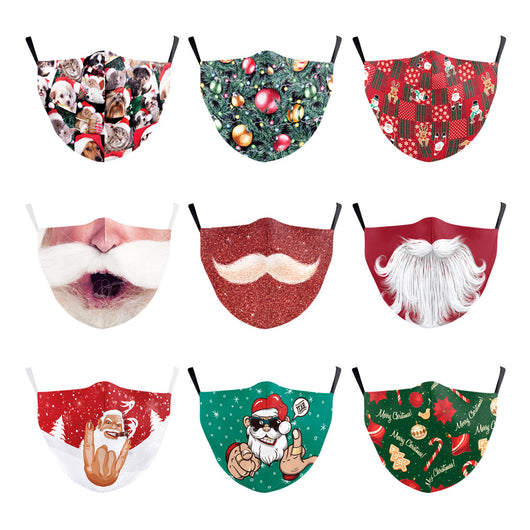 Red glitter protective face mask with a white mustache graphic and black ear loops, perfect for Christmas. - Image 19
