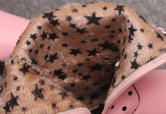 Pink girls' boots with lace trim, polka dots, side zippers, and decorative bows with pearl charms. - Image 16