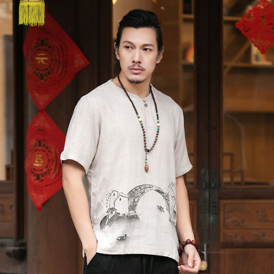 Playera Hombre Cuello V Algodón Lino Estilo Étnico Manga Corta
