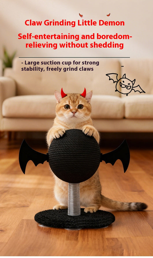 Black cat scratching toy with a sisal-wrapped ball, red devil horns, and black bat wings on a spring base. - Image 8