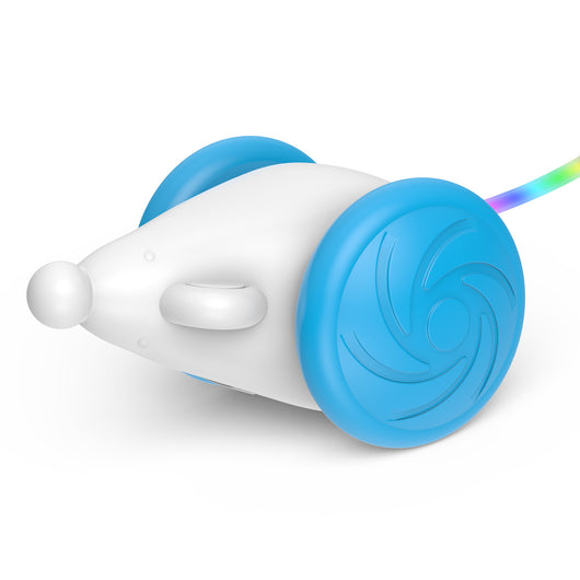 White and blue interactive cat toy shaped like a mouse with large wheels and a colorful, luminous tail. - Image 12