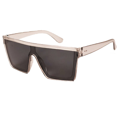 Fashion one-piece large rim sunglasses with a transparent champagne frame and brown gradient lenses. - Image 12