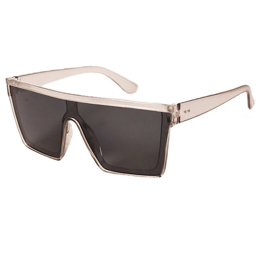 Fashion one-piece large rim sunglasses with a transparent champagne frame and brown gradient lenses. - Image 12