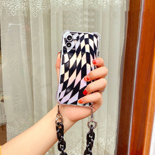 Funda iPhone12 con Cadena Portátil Diseño Grid Negro