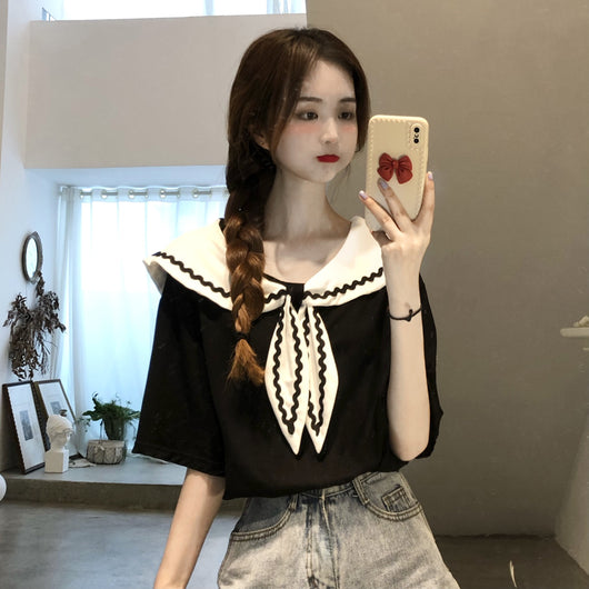 Blusa Preppy Cuello Marino Manga Corta - Estilo Chic y Versátil - Image 8