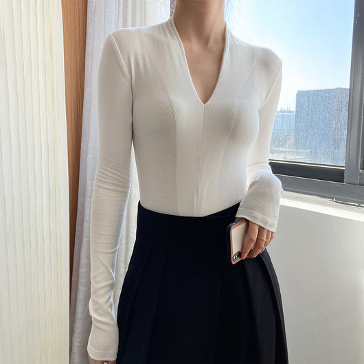 Blusa Básica de Cuello V y Manga Larga para Mujer - Image 7