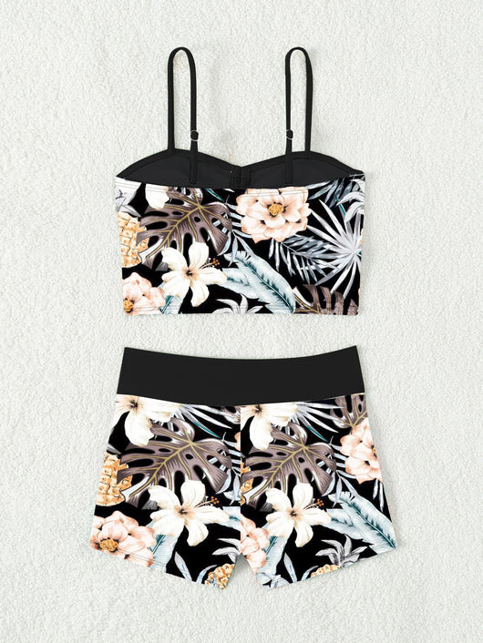 Women's light green two-piece bikini swimsuit with tropical floral and pineapple print, featuring drawstring top and shorts. - Image 25