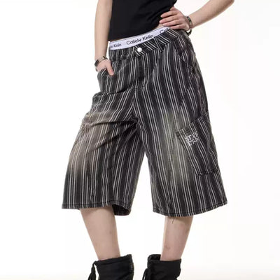 Pantalones Cropped de Pierna Ancha con Rayas Vintage Desgastadas para Mujer - Image 7
