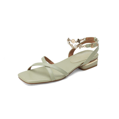 Sandalias de Cuero con Punta Cuadrada y Tira Ajustable - Talón Bajo Talla Grande y Pequeña - Image 5