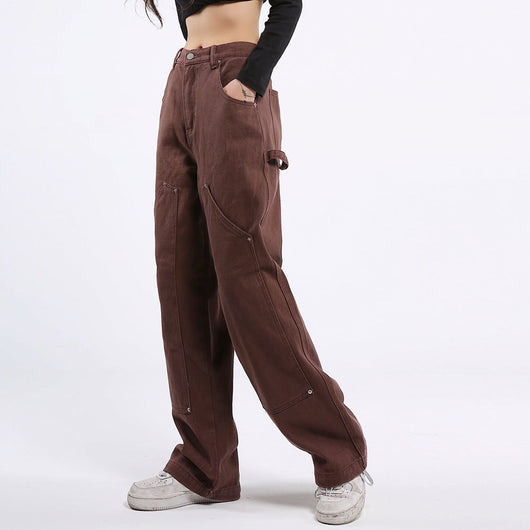 Pantalones Vaqueros Rectos Sueltos Multi-bolsillos Color Sólido