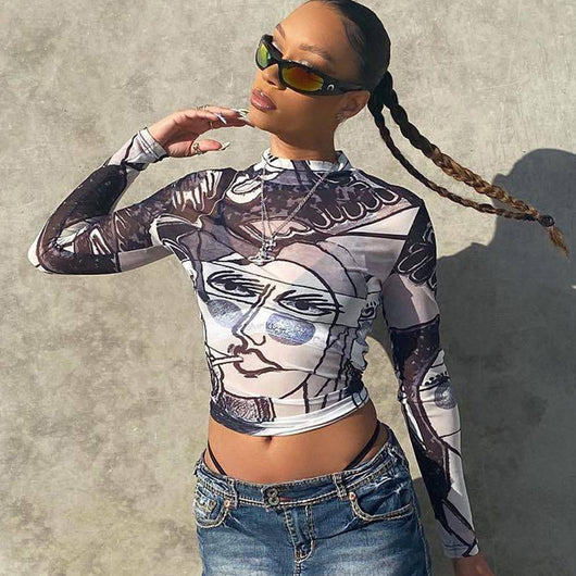 Blusa de Malla Semitransparente Cuello Redondo Manga Larga Ajustada