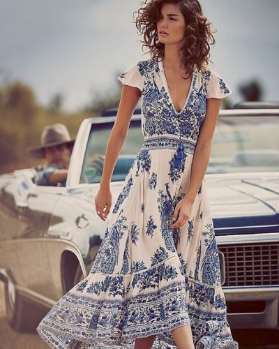 Vestido Retro Palacio con Estampado Europeo Americano Cuello en V - Image 5