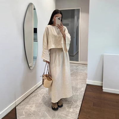Conjunto Elegante de Blusa Suelta Blanca y Falda Larga