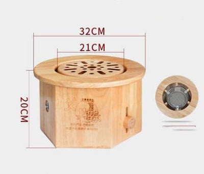 Octagonal oak sitting moxibustion instrument with a perforated top and a visible metal warming element. - Image 2