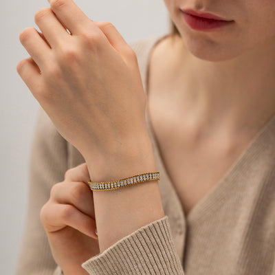 Pulsera de Oro 18K Dorada con Circonia Blanca en Doble Capa