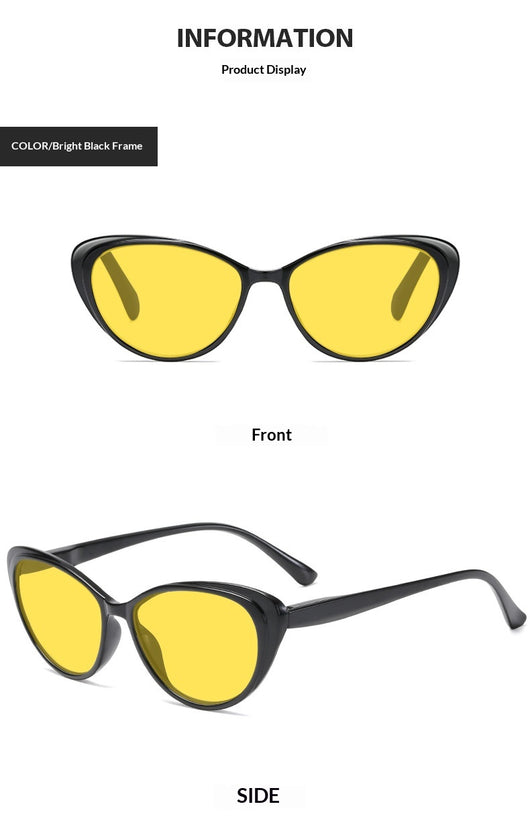 Retro cat-eye sunglasses with bright black frames and yellow night vision lenses on a white background. - Image 15
