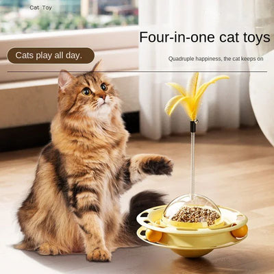 Yellow UFO tumbler cat toy with rolling balls, a clear dome, and a spring-mounted feather wand with a bell. - Image 8