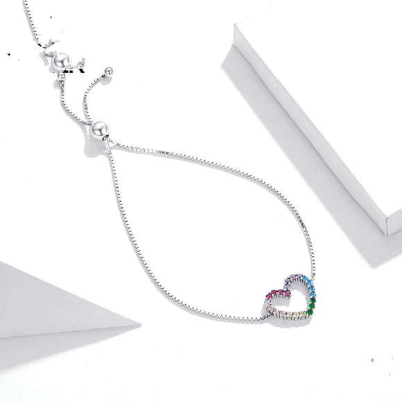 Pulsera de Corazón Plata Esterlina Arcoíris Ajustable - Joya del Amor