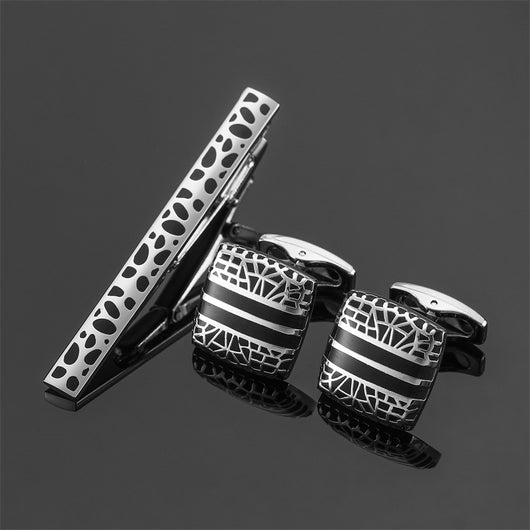 Juego de Clips de Corbata y Gemelos con Cristales Negros y Patrón Floral Esmaltado en Oro y Plata - Image 19