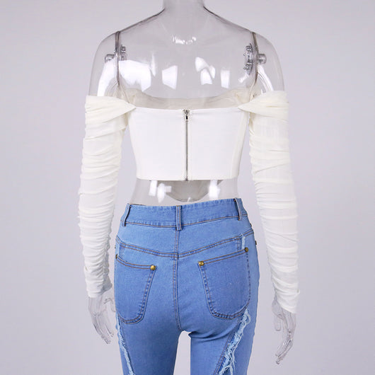 Blusa Cropped Transparente con Escote de Malla y Espina de Pescado - Image 2