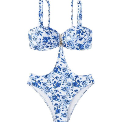 Blue and white floral one-piece swimsuit with a V-bar detail and side cut-outs, perfect for summer. - Image 5