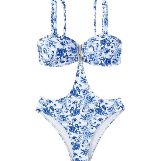 Blue and white floral one-piece swimsuit with a V-bar detail and side cut-outs, perfect for summer. - Image 5