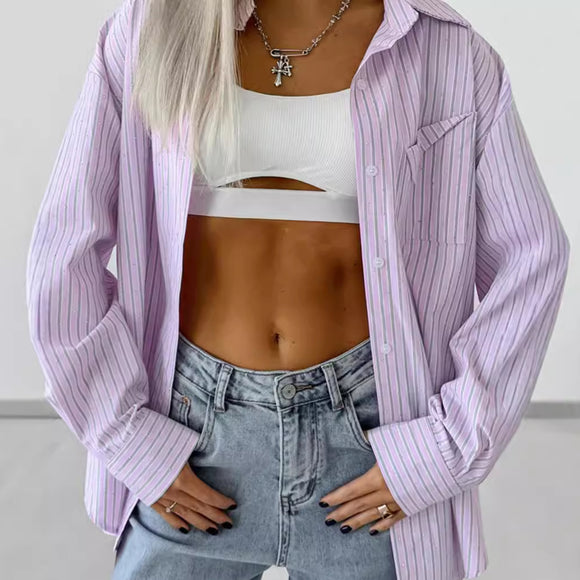 Camisa Manga Larga a Rayas con Detalles de Diamantes