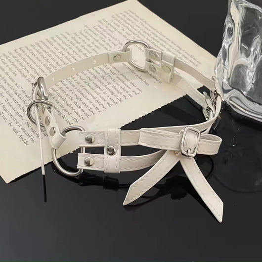 Collar de Cuero Blanco con Moño Elegante para Mujer - Image 2