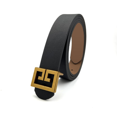 Women's brown imitation leather belt with a decorative bronze-colored square buckle featuring a geometric pattern. - Image 12